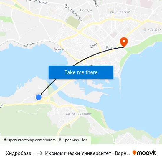Хидробаза / Hydrobaza to Икономически Университет - Варна (University of Economics - Varna) map
