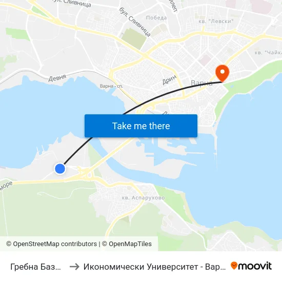 Гребна База / Grebna Baza to Икономически Университет - Варна (University of Economics - Varna) map