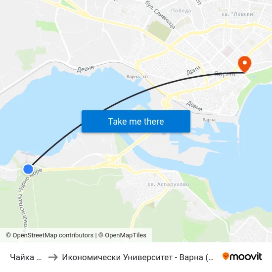 Чайка / Chayka to Икономически Университет - Варна (University of Economics - Varna) map