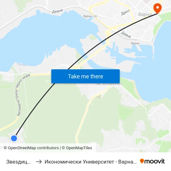 Звездица / Zvezdica to Икономически Университет - Варна (University of Economics - Varna) map
