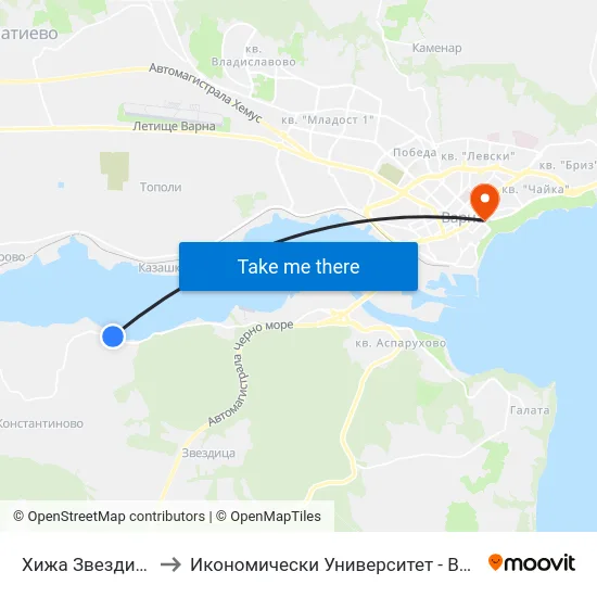 Хижа Звездица / Zvezditsa Hut to Икономически Университет - Варна (University of Economics - Varna) map