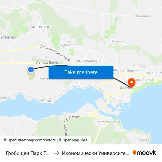 Гробищен Парк Тополи / Topoli Cemetery Park to Икономически Университет - Варна (University of Economics - Varna) map