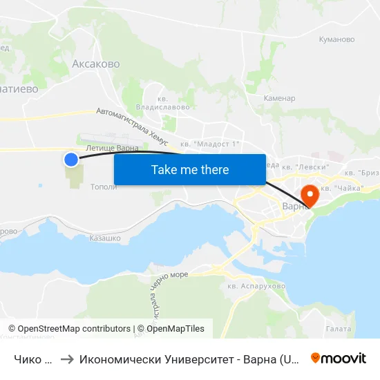 Чико / Chico to Икономически Университет - Варна (University of Economics - Varna) map