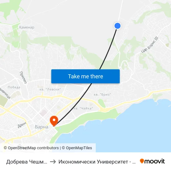 Добрева Чешма / Dobreva Cheshma to Икономически Университет - Варна (University of Economics - Varna) map