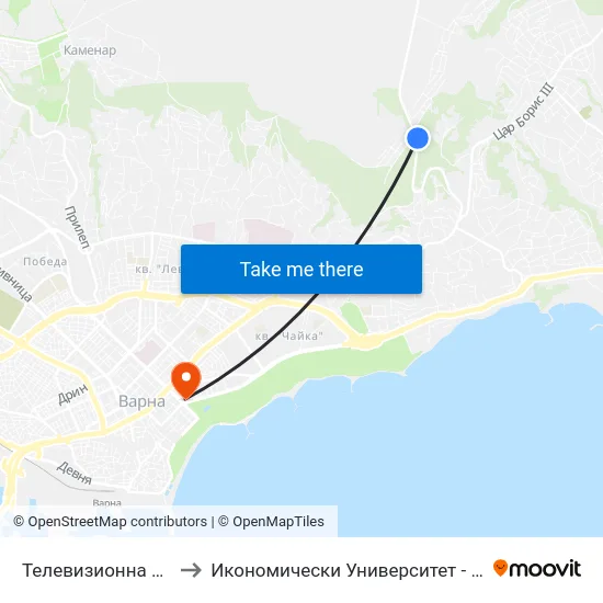 Телевизионна Кула / Television Tower to Икономически Университет - Варна (University of Economics - Varna) map