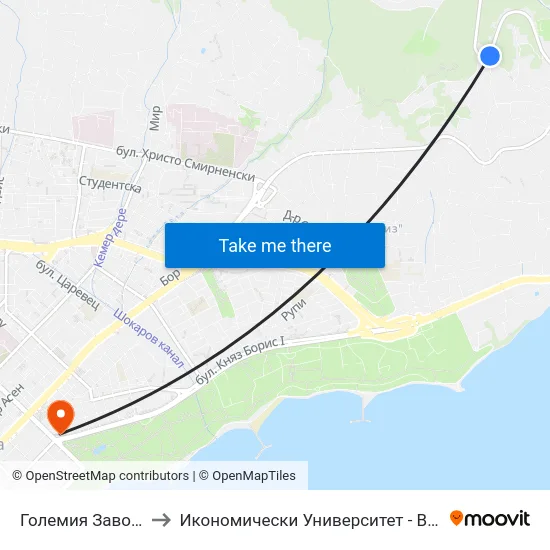 Големия Завой / Golemiya Zavoy to Икономически Университет - Варна (University of Economics - Varna) map