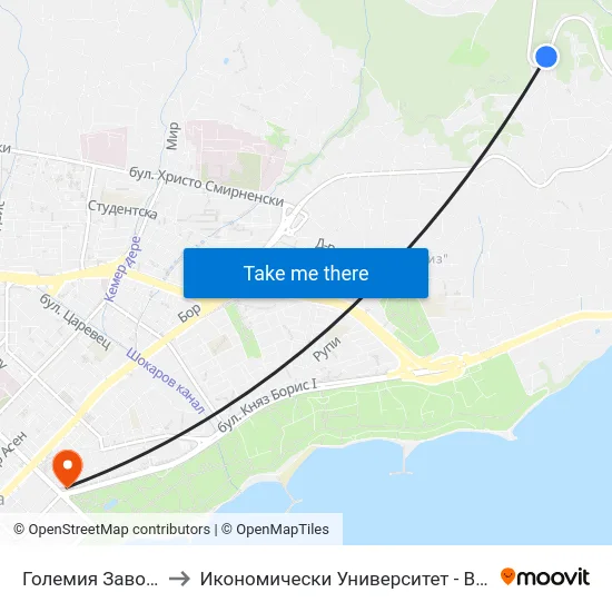 Големия Завой / Golemiya Zavoy to Икономически Университет - Варна (University of Economics - Varna) map