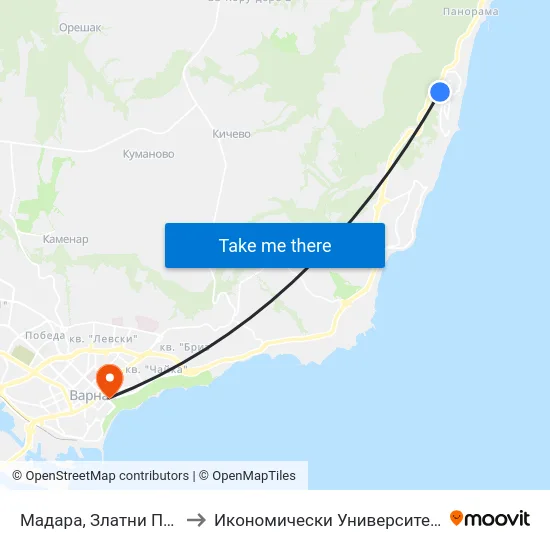 Мадара, Златни Пясъци / Madara, Golden Sands to Икономически Университет - Варна (University of Economics - Varna) map
