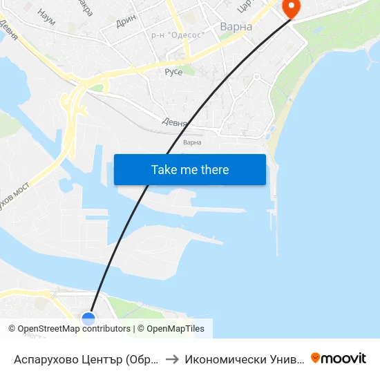 Аспарухово Център (Обръщач Тролеи) / Asparuhovo Centre (Turn Spot Trolleybuses) to Икономически Университет - Варна (University of Economics - Varna) map