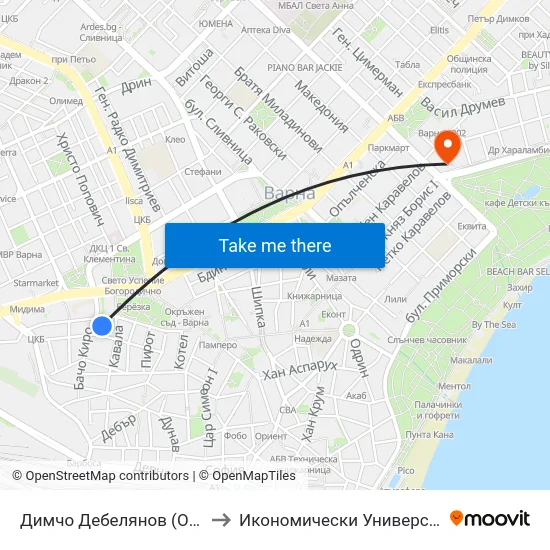 Димчо Дебелянов (Обръщач) / Dimcho Debelyanov (Turn Spot) to Икономически Университет - Варна (University of Economics - Varna) map