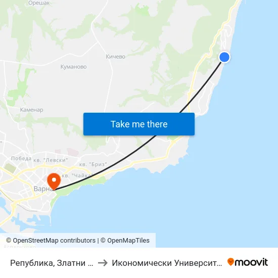 Република, Златни Пясъци / Republic, Golden Sands to Икономически Университет - Варна (University of Economics - Varna) map