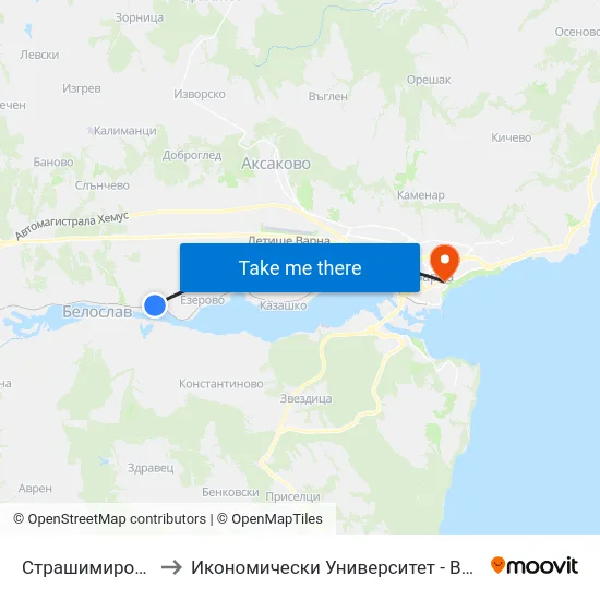 Страшимирово / Strashimirovo to Икономически Университет - Варна (University of Economics - Varna) map