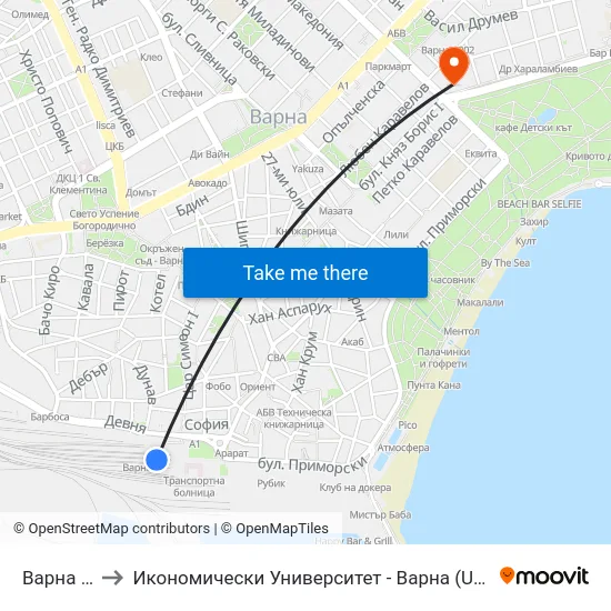 Варна / Varna to Икономически Университет - Варна (University of Economics - Varna) map
