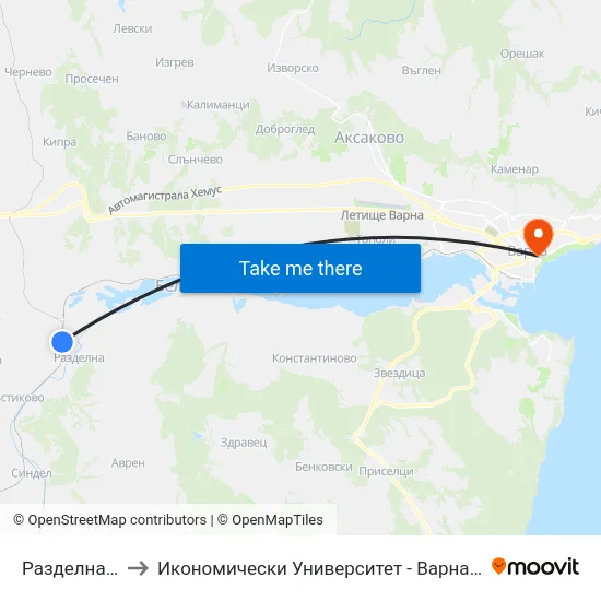 Разделна / Razdelna to Икономически Университет - Варна (University of Economics - Varna) map