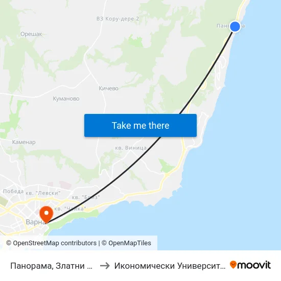 Панорама, Златни Пясъци  / Panorama, Golden Sands to Икономически Университет - Варна (University of Economics - Varna) map