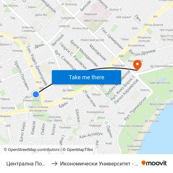 Централна Поща / Central Post Office to Икономически Университет - Варна (University of Economics - Varna) map