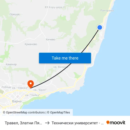 Травел, Златни Пясъци / Travel, Golden Sands to Технически университет - Варна (Technical University of Varna) map