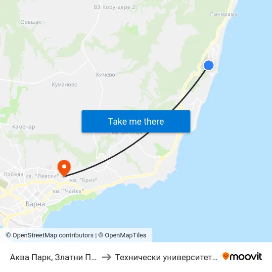 Аква Парк, Златни Пясъци / Aqua Park, Golden Sands to Технически университет - Варна (Technical University of Varna) map