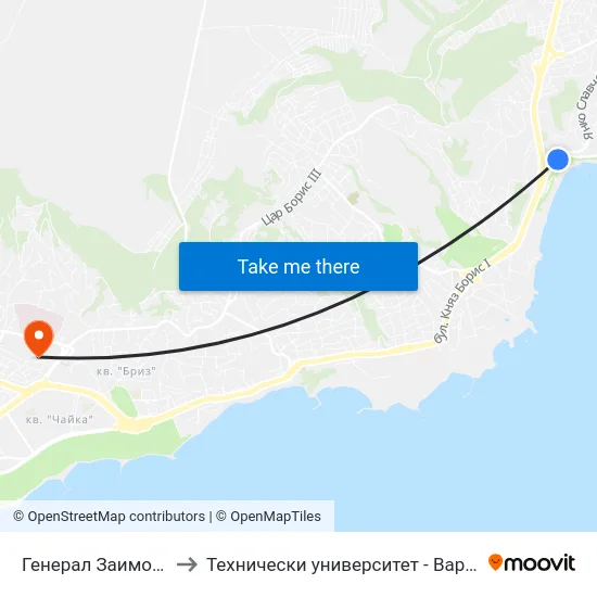 Генерал Заимов / General Zaimov to Технически университет - Варна (Technical University of Varna) map