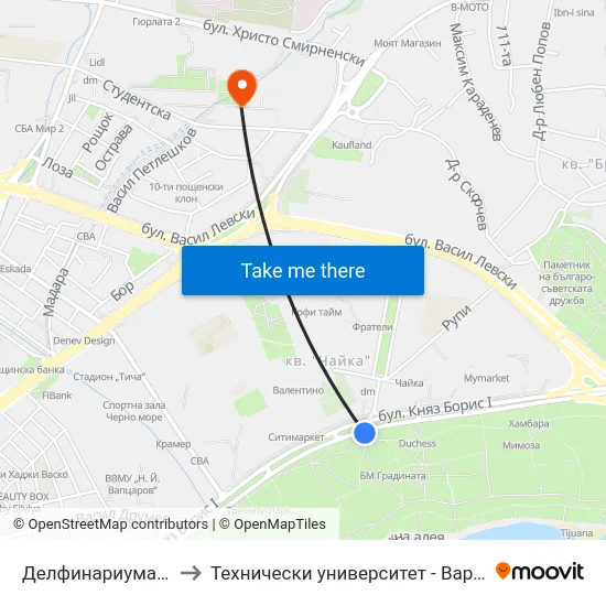 Делфинариума / the Dolphinarium to Технически университет - Варна (Technical University of Varna) map