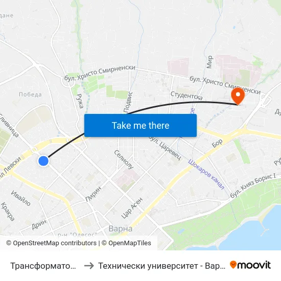 Трансформатора / Transformatora to Технически университет - Варна (Technical University of Varna) map