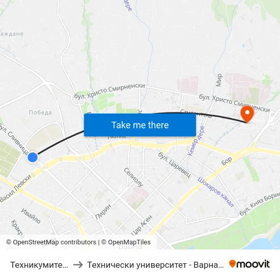 Техникумите / Tehnikumite to Технически университет - Варна (Technical University of Varna) map