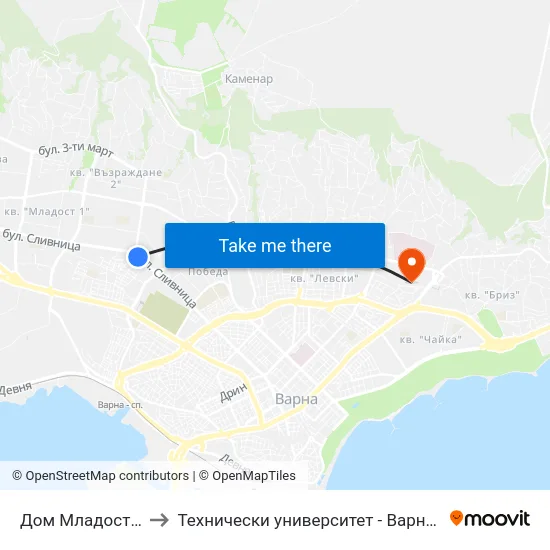 Дом Младост / Dom Mladost to Технически университет - Варна (Technical University of Varna) map
