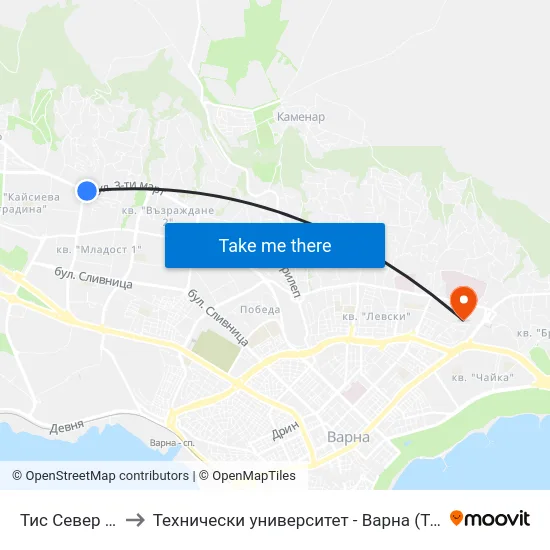 Тис Север / Tis North to Технически университет - Варна (Technical University of Varna) map