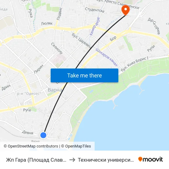 Жп Гара (Площад Славейков) / Railway Station (Slaveykov Square) to Технически университет - Варна (Technical University of Varna) map