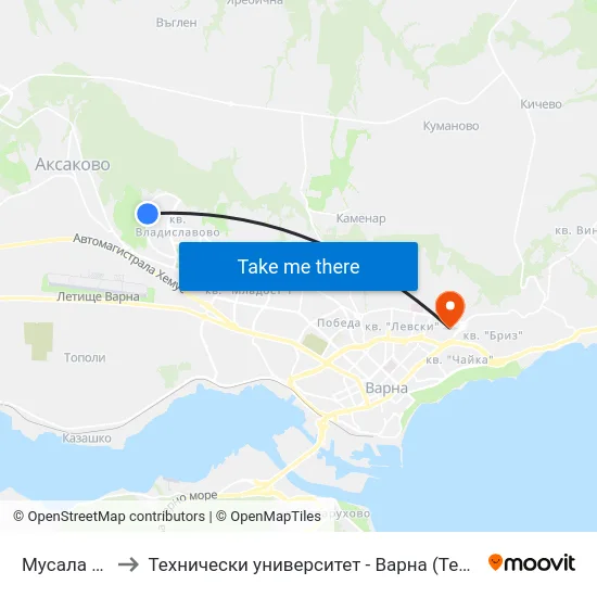 Мусала / Musala to Технически университет - Варна (Technical University of Varna) map