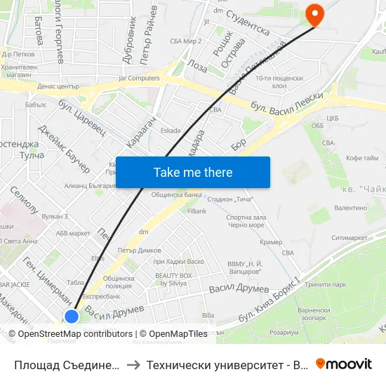 Площад Съединение / Square Saedinenie to Технически университет - Варна (Technical University of Varna) map