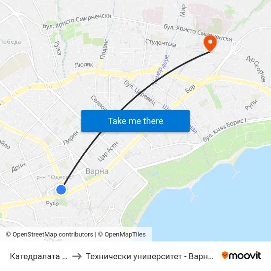 Катедралата / the Cathedral to Технически университет - Варна (Technical University of Varna) map