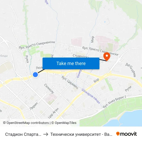 Стадион Спартак / Spartak Stadium to Технически университет - Варна (Technical University of Varna) map