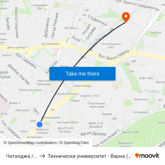 Чаталджа / Chataldzha to Технически университет - Варна (Technical University of Varna) map