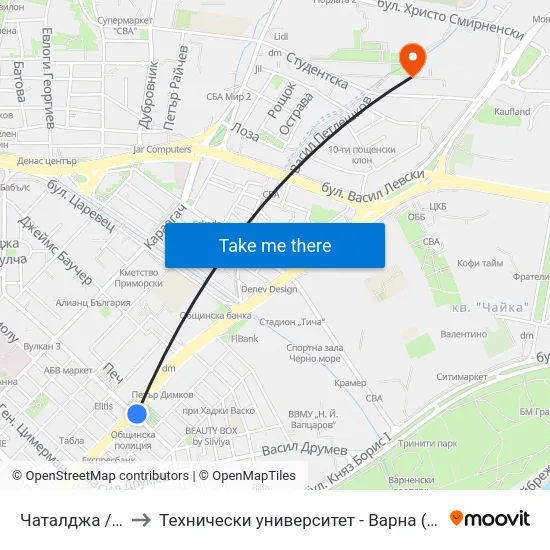 Чаталджа / Chataldzha to Технически университет - Варна (Technical University of Varna) map