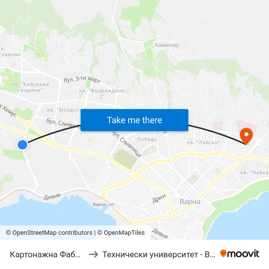 Картонажна Фабрика / Cardboard Factory to Технически университет - Варна (Technical University of Varna) map
