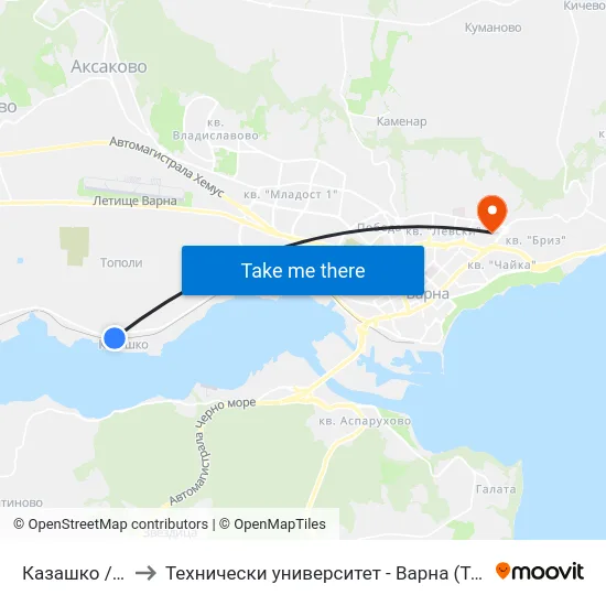 Казашко / Kazashko to Технически университет - Варна (Technical University of Varna) map