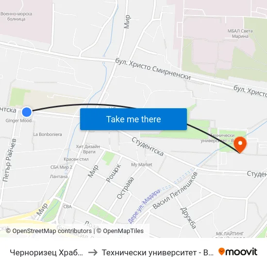 Черноризец Храбър / Chernorizets Hrabar to Технически университет - Варна (Technical University of Varna) map