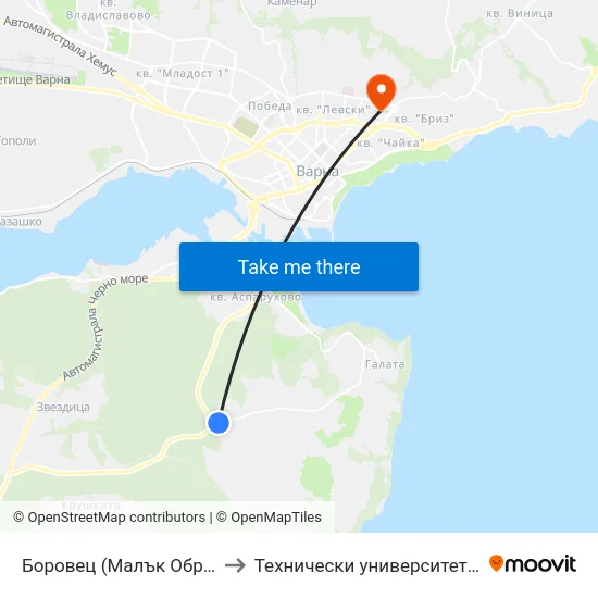 Боровец (Малък Обръщач) / Borovets (Small Tumbler) to Технически университет - Варна (Technical University of Varna) map