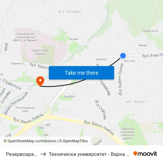 Резервоара / Rezervoara to Технически университет - Варна (Technical University of Varna) map