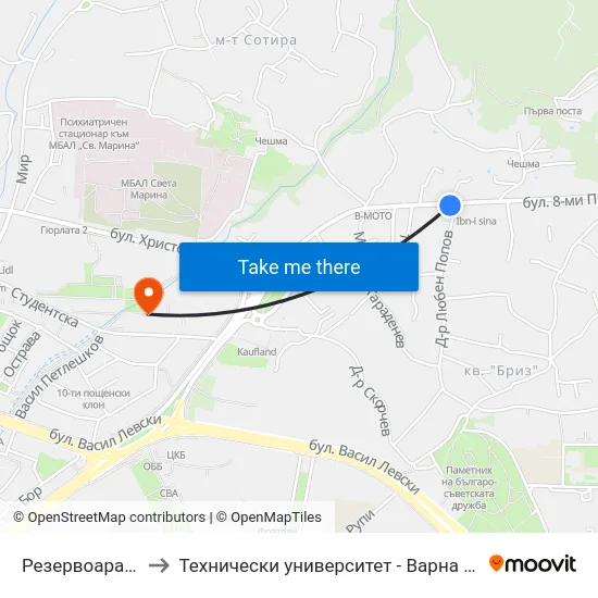 Резервоара / Rezervoara to Технически университет - Варна (Technical University of Varna) map