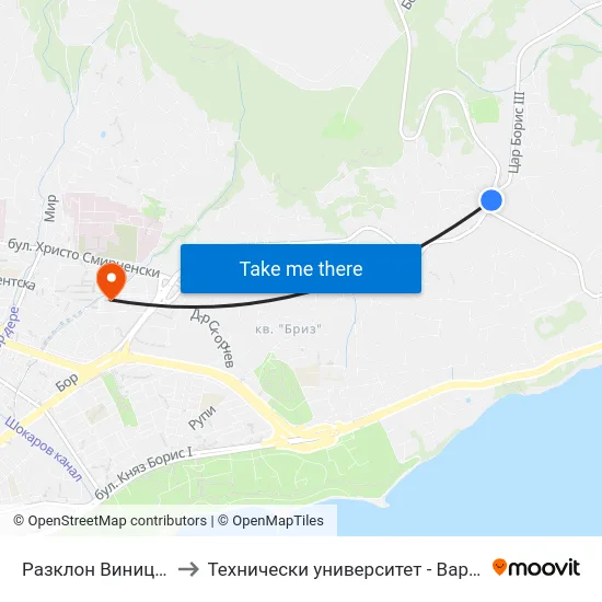 Разклон Виница / Razklon Vinitsa to Технически университет - Варна (Technical University of Varna) map