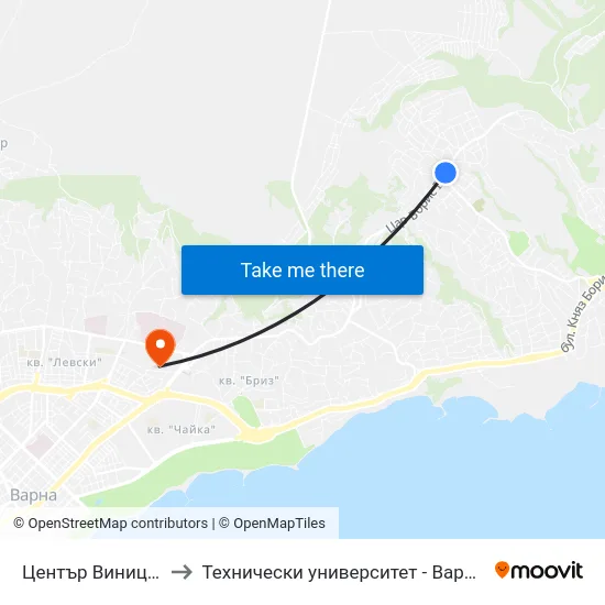 Център Виница / Vinitsa Centre to Технически университет - Варна (Technical University of Varna) map