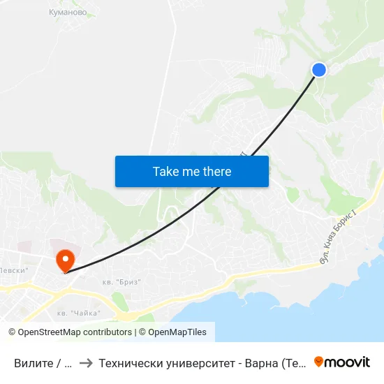 Вилите / the Villas to Технически университет - Варна (Technical University of Varna) map