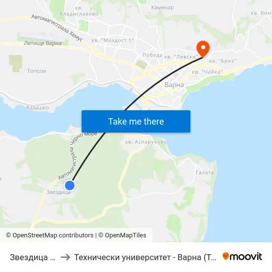 Звездица / Zvezdica to Технически университет - Варна (Technical University of Varna) map
