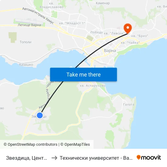 Звездица, Център / Zvezdica, Center to Технически университет - Варна (Technical University of Varna) map