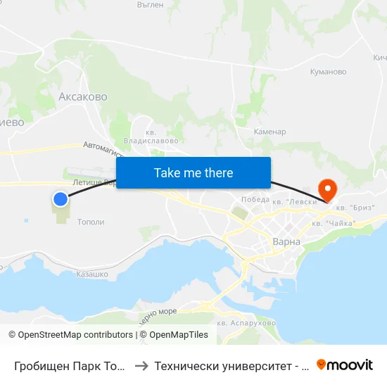 Гробищен Парк Тополи / Topoli Cemetery Park to Технически университет - Варна (Technical University of Varna) map