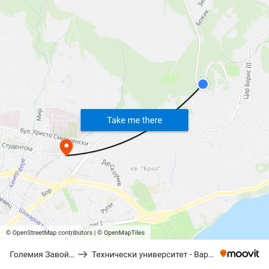 Големия Завой / Golemiya Zavoy to Технически университет - Варна (Technical University of Varna) map