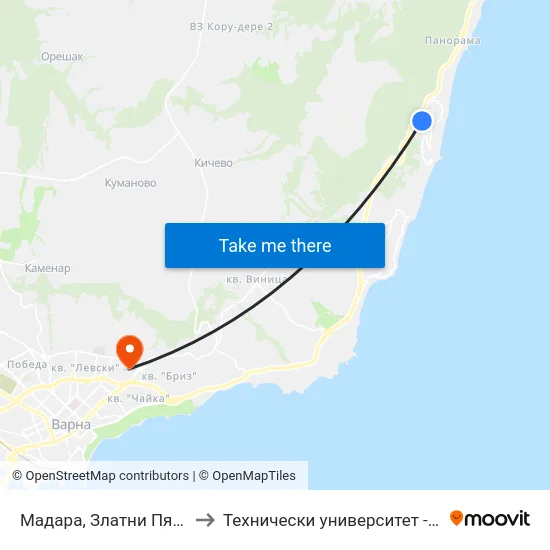 Мадара, Златни Пясъци / Madara, Golden Sands to Технически университет - Варна (Technical University of Varna) map