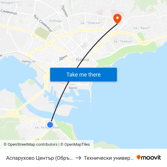 Аспарухово Център (Обръщач Тролеи) / Asparuhovo Centre (Turn Spot Trolleybuses) to Технически университет - Варна (Technical University of Varna) map